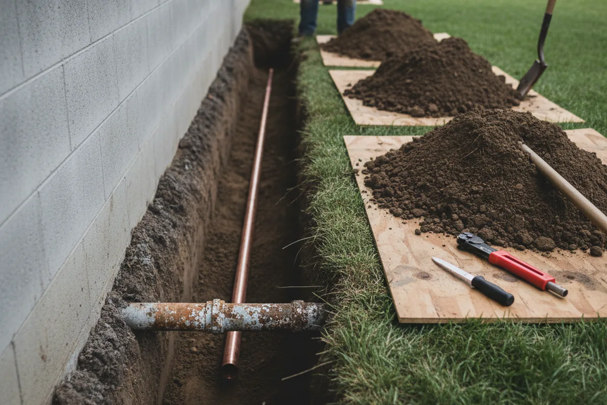 Excavated water line trench during Sewer Line Repair in Lanham
